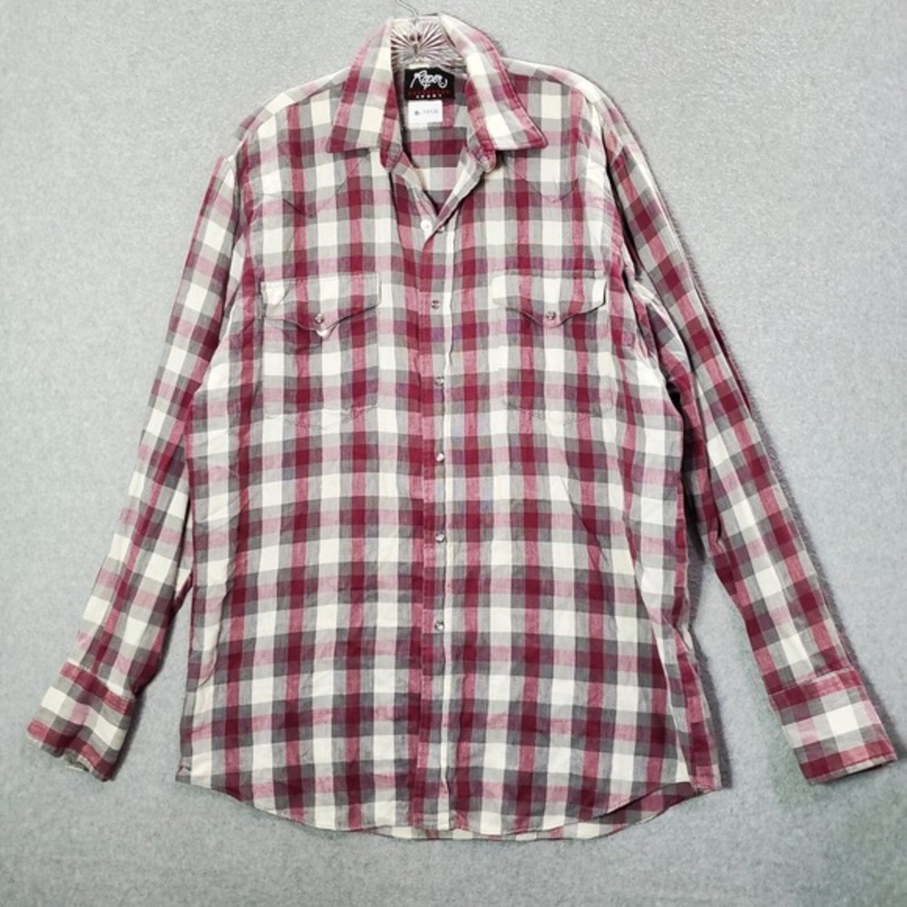 VINTAGE Roper Sport Men Button Up Shirt Large Red Plaid Long Sleeve Collar 90s
